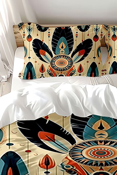 Else Dekor Бавовняний сатиновий двоспальний комплект постільної білизни - кольоровий принт з пір'ям