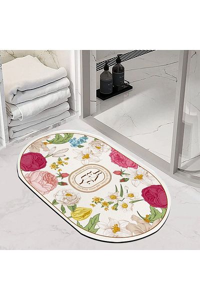 Else Dekor Else Floral μοτίβο ντους που απορροφά νερό Μπροστινό χαλάκι μπάνιου Κάθισμα τουαλέτας Οβάλ χαλί μπάνιου ynps-03