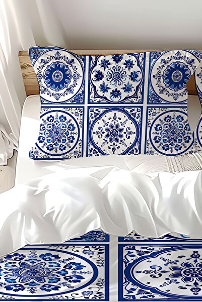 Else Dekor Double Blue and White Tile Patterned Cotton Satin Duvet Cover Set