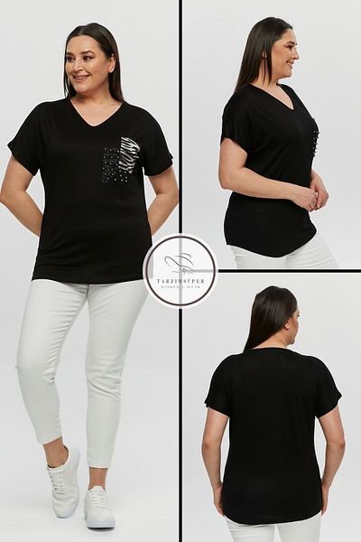tarzımsüper Plus Size New Season Comfortable Comfort Model Pocket Detailed Short Sleeve V-Neck Combed Cotton Tunic T-Shirt