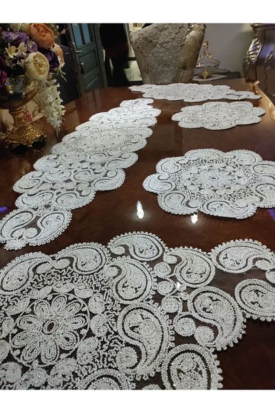 CAMİNHO DA LUA Damla Set de huse de masă pentru salon de lux, 5 piese, cu dantelă franceză, cu sclipici aurii