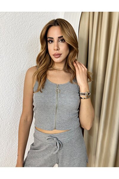 Look Forward Kadın Gri Melanj Fermuarlı kaşkorse Crop