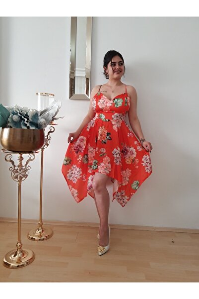 FERGAN Kadın Fuşya Çiçekli Kısa Askılı Elbise