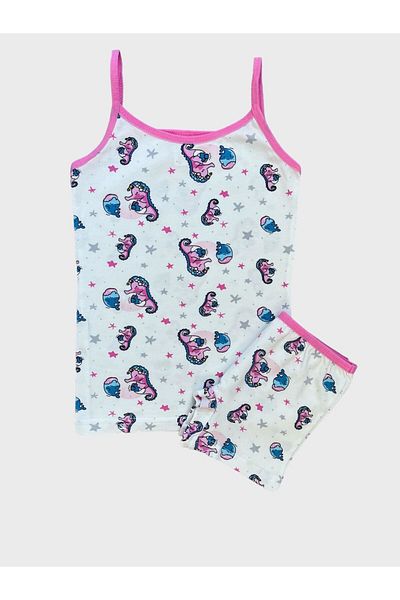 elmas kids White Sea Horse Patterned Cotton Girl's Athlete Boxer Set