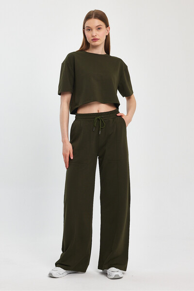 Penyelux Kadın Haki Cepli Beli Lastikli Paçası Bol 2 İpli Kumaş Palazzo Pantolon