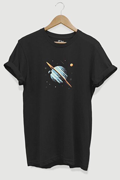 The Baski Crna unisex minimalna majica Planet Štampano kratkih rukava T-shirt