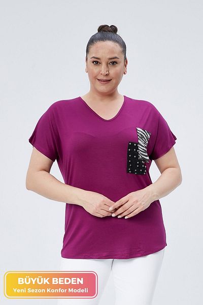 tarzımsüper Plus Size New Season Comfortable Comfort Model Pocket Detailed Short Sleeve V-Neck Combed Cotton Tunic T-Shirt