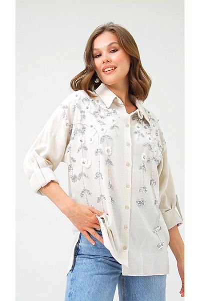 MVStore Linen Oversize Shirt - Floral Pattern Embroidered
