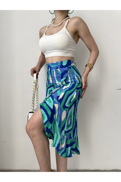 aytenli Viscose Vintage Blue Green Frilly Asymmetrical Over-The-Knee Skirt