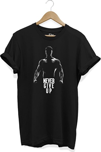 The Baski Μαύρο Unisex Sportsman - Gym - Never Give Up εμπριμέ κοντομάνικο μπλουζάκι