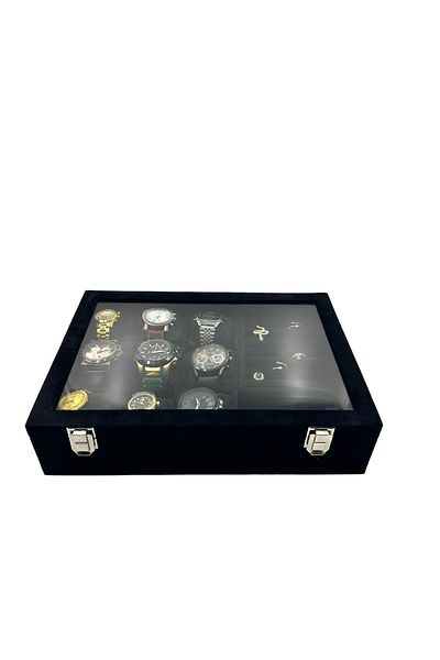 DİJİTAL ÇARŞI MAĞAZACILIK Комплект от 9 черен калъфа за часовник Richbox - гривна, гривна и брошка с пръстен