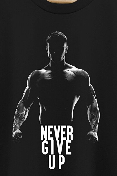 The Baski Μαύρο Unisex Sportsman - Gym - Never Give Up εμπριμέ κοντομάνικο μπλουζάκι