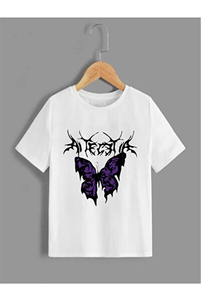 NoVibe Dječji unisex Oversize kroj beli ljubičasti leptir Štampano T-shirt