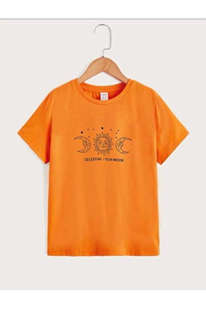 NoVibe Dječji unisex Oversize kroj narandžasto sunce i mesec Štampano T-shirt
