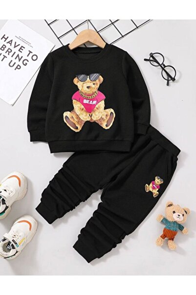 NoVibe Детски унисекс комплект с черна тениска с принт на мече и панталони