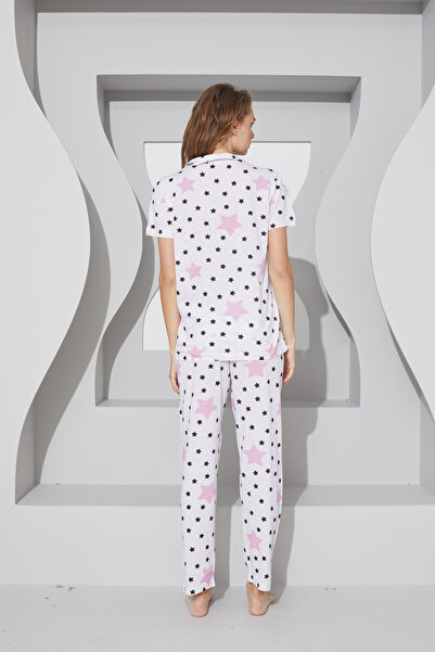 Siyah İnci Star Patterned White Knitted Pajama Set - Buttoned