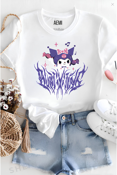 AEMİ Çocuk Kuromi Baskılı Bisiklet Yaka %100 Pamuk Oversize Kısa Kol T-shirt