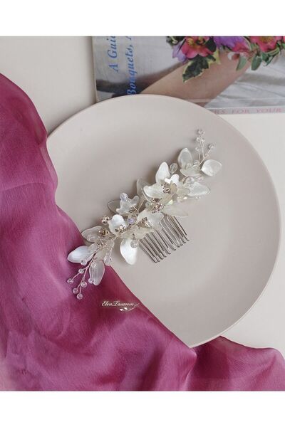 Elen Tasarım Yaprak Detaylı, Sedef Çiçekli, Taşlı Saç Aksesuarı. Beyaz Çiçekl...
