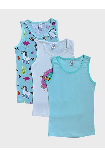 elmas kids Girl's Cotton White Green Unicorn Patterned 3-Piece Tank Top