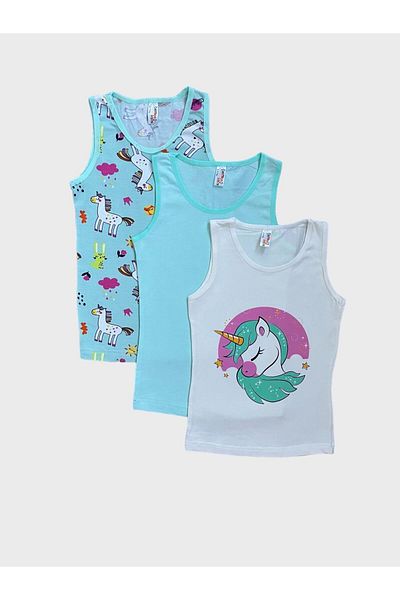 elmas kids Girl's Cotton White Green Unicorn Patterned 3-Piece Tank Top