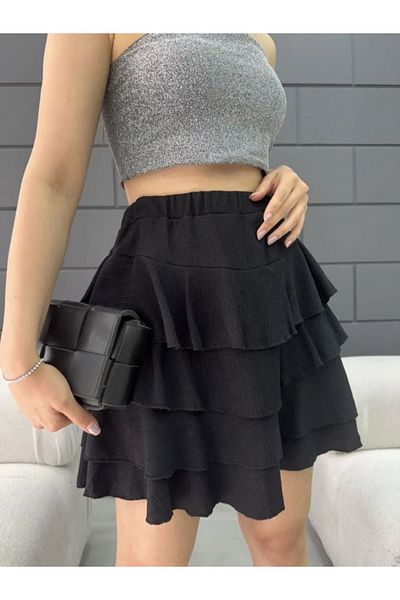 Butik Fusta mini scurtă din viscoză cu talie înaltă, cu detaliu cu volane