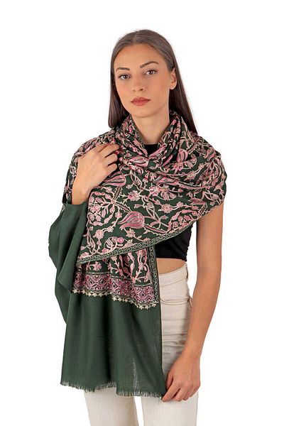 Bursa İpek Tulip Patterned Khaki Silk Wool Shawl - Pink
