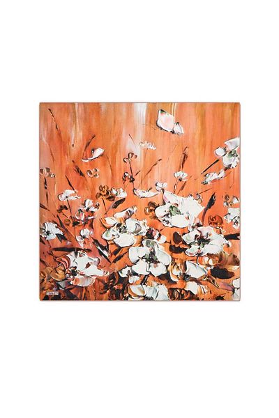 Bursa İpek Anemone Patterned Orange Silk Handkerchief
