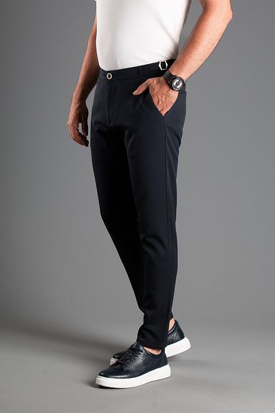 ZEKİ ÖZER Ανδρικό λινό παντελόνι Navy Blue - με αγκράφα στη μέση