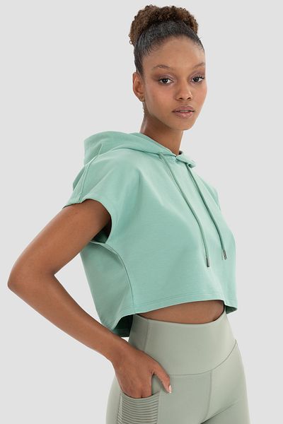 Superstacy Alice Hooded Short Sleeve Light Green Crop Sweatshirt