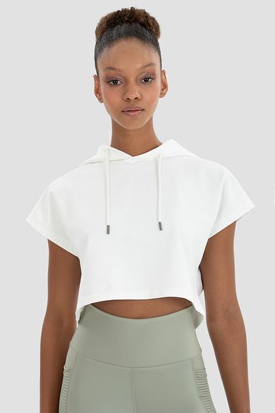 Superstacy Alice Hooded Short Sleeve Cream Crop Sweatshirt
