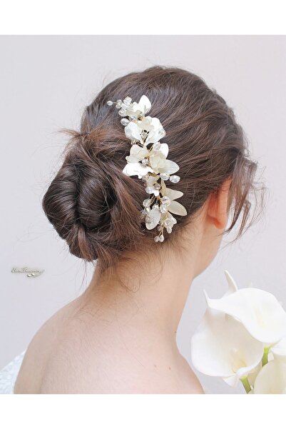 Elen Tasarım Yaprak Detaylı, Beyaz Sedef Çiçekli Gold Gelin Tacı 1 Adet