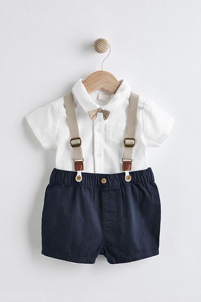 Next Baby Navy Blue Smart Shirt and Bow Tie Strap Shorts - 100% Cotton Set of 4