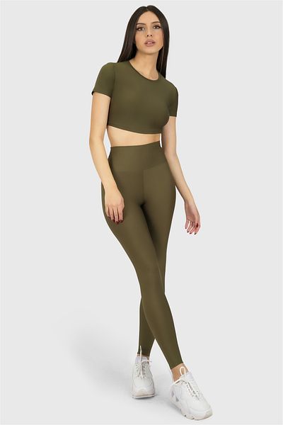 Superstacy Short Sleeve Sports Khaki Crop Top