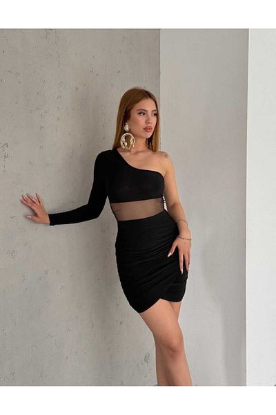 OlaLady Μίνι Γυναικείο Φόρεμα Μονόμανικο - Λεπτομέρεια από τούλι