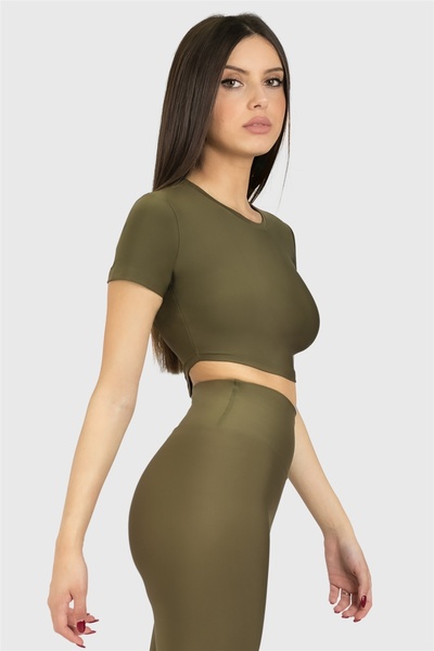 Superstacy Short Sleeve Sports Khaki Crop Top