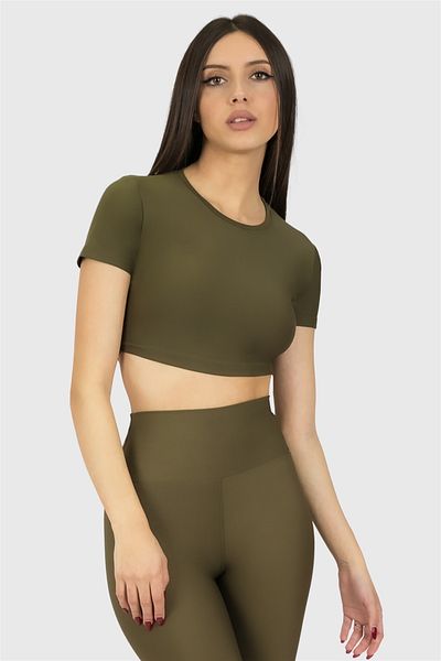 Superstacy Short Sleeve Sports Khaki Crop Top