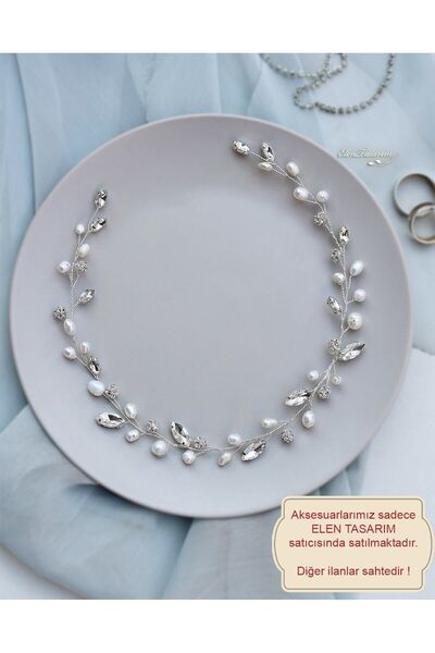 Elen Tasarım تاج زفاف رقيق مرصع باللؤلؤ الطبيعي والأحجار