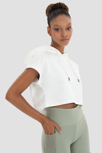 Superstacy Alice Hooded Short Sleeve Cream Crop Sweatshirt