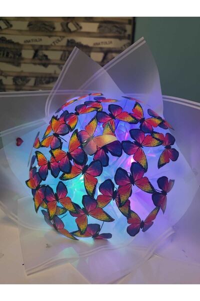 Düşhane Kelebek Buketi Kelebek Buketi Gökkuşağı 24 Kelebekli Işıklı (renkli Ledli) Sevgliye hediyelik Premium buket