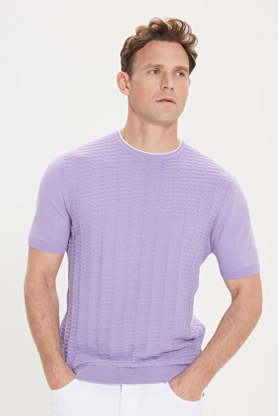 ALTINYILDIZ CLASSICS Πλεκτό μπλουζάκι LILA-EKRU Jacquard Crew Neck - 100% βαμβάκι, τυπική εφαρμογή