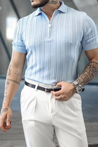 Tarz Cool Ανδρικό πλεκτό μπλουζάκι με ριγέ ριγέ γιακά πόλο