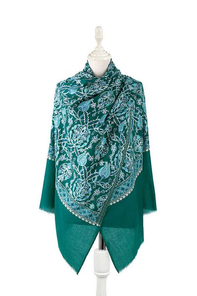 Bursa İpek Green Turquoise Tulip Patterned Silk Wool Shawl