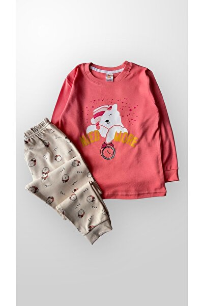 elmas kids Girl's Long Sleeve Alarm Clock and Sleepy Bear Patterned 100% Pink...