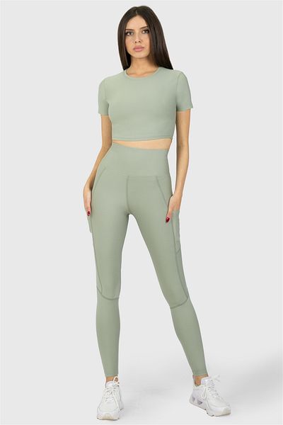 Superstacy Light Green Sports Leggings with High Waist Pockets