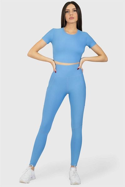 Superstacy Blue Sports Leggings with High Waist Pockets