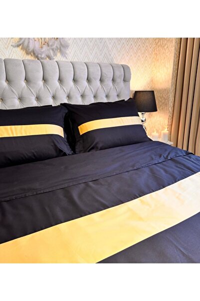 calinahome غطاء لحاف من الساتان القطني مخطط باللون الأسود والذهبي