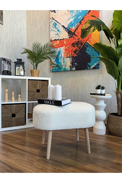 WEBPANYA MOBİLYA Gürgen Ahşap Ayak Beyaz Teddy Kumaş Pofidik Tedy Handmade Ov...