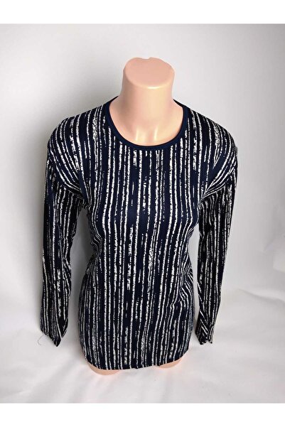 YAŞAR TRİKO Navy Blue Patterned Viscose Mother Combed Cotton T-Shirt - Crew N...