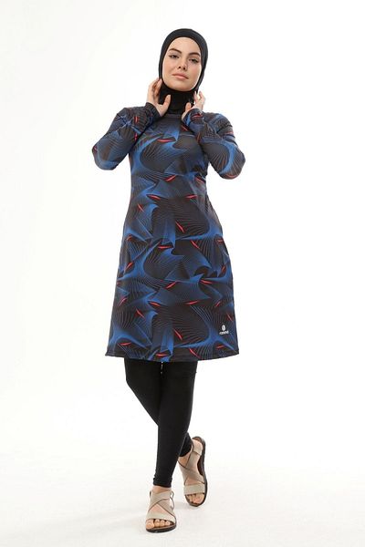 Ranuna 2310 Line Patterned Water Repellent Fabric Hijab Swimsuit Navy Blue