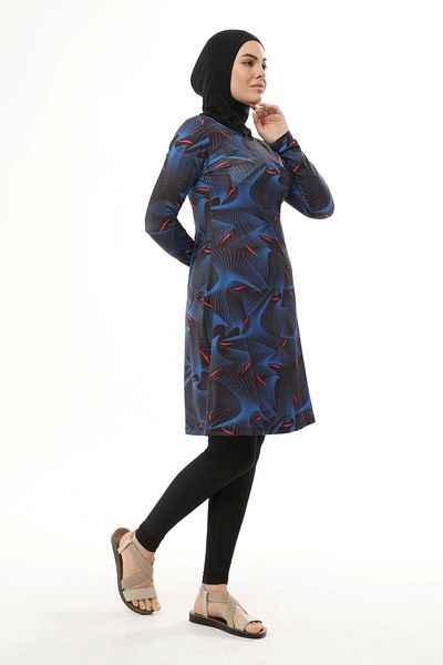 Ranuna 2310 Line Patterned Water Repellent Fabric Hijab Swimsuit Navy Blue